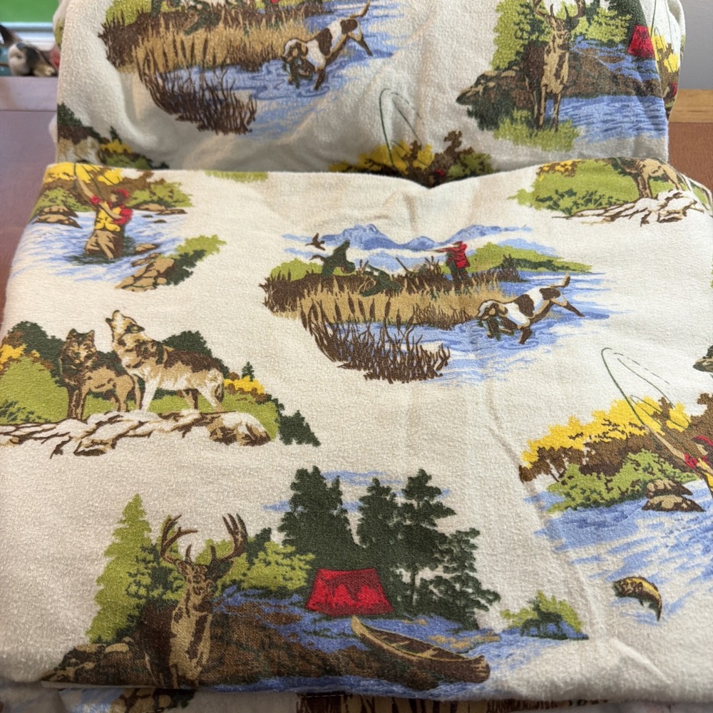 Flannel Sheets Twin Flat/Fitted Cottage Cabin Country Fishing Print 100% Cotton